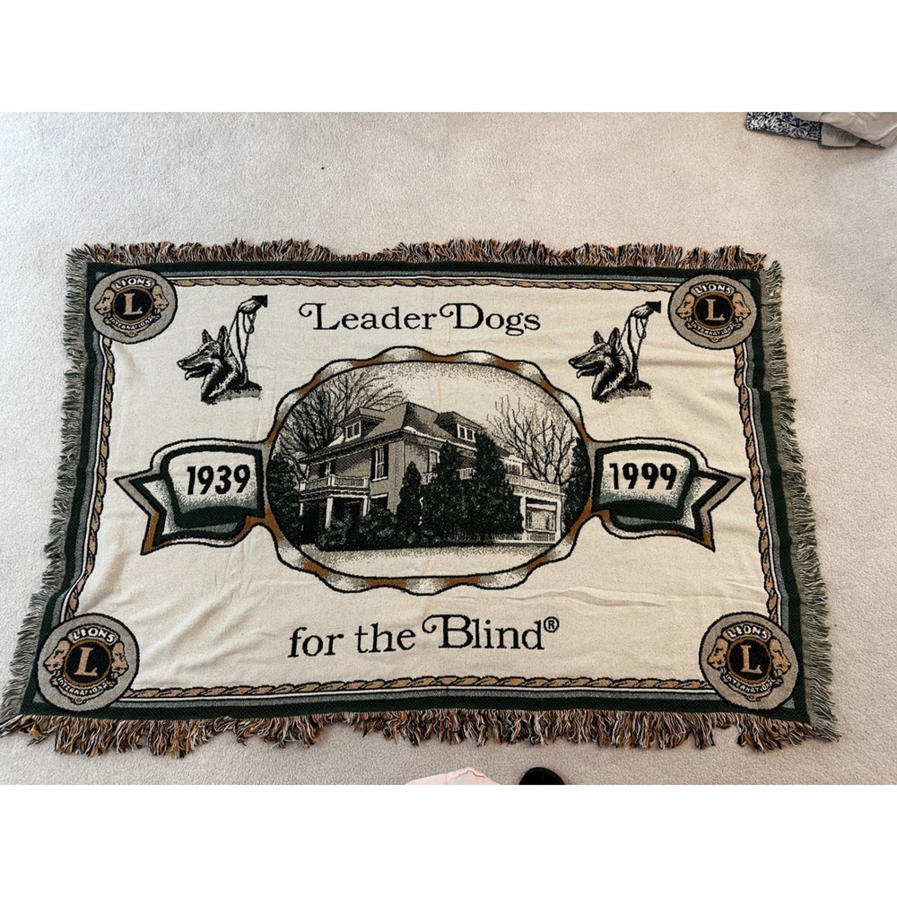 Vtg Leader Dogs for the Blind Lions Club Woven Fringe Throw Blanket 1939-1999